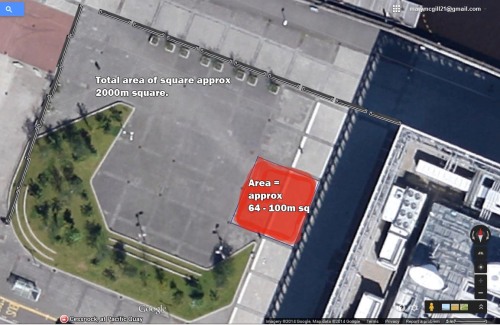 Measurements based on scale provided by Google maps image.  Red area is area immediately in front of Newsnet camera pan.